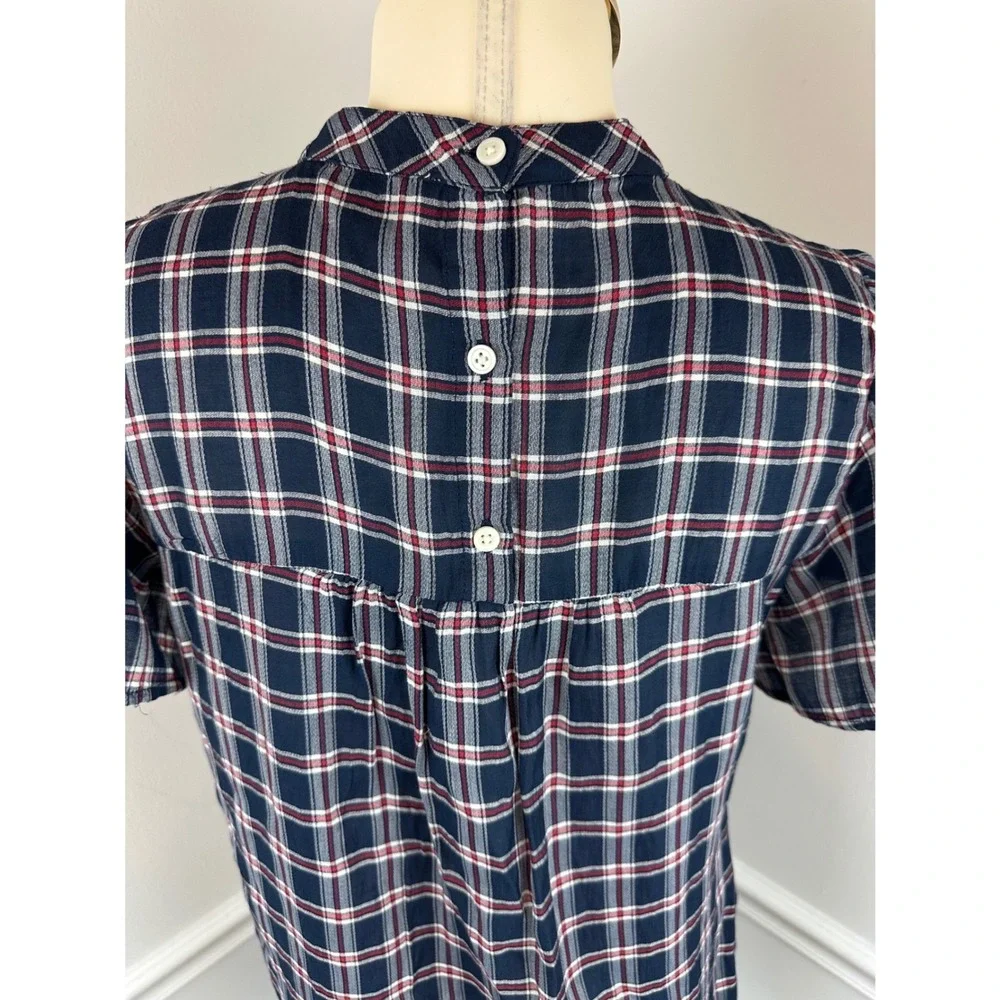 LOFT Navy Blue, Red & White Plaid Blouse Mock Neck Puff Sleeves NWT XS